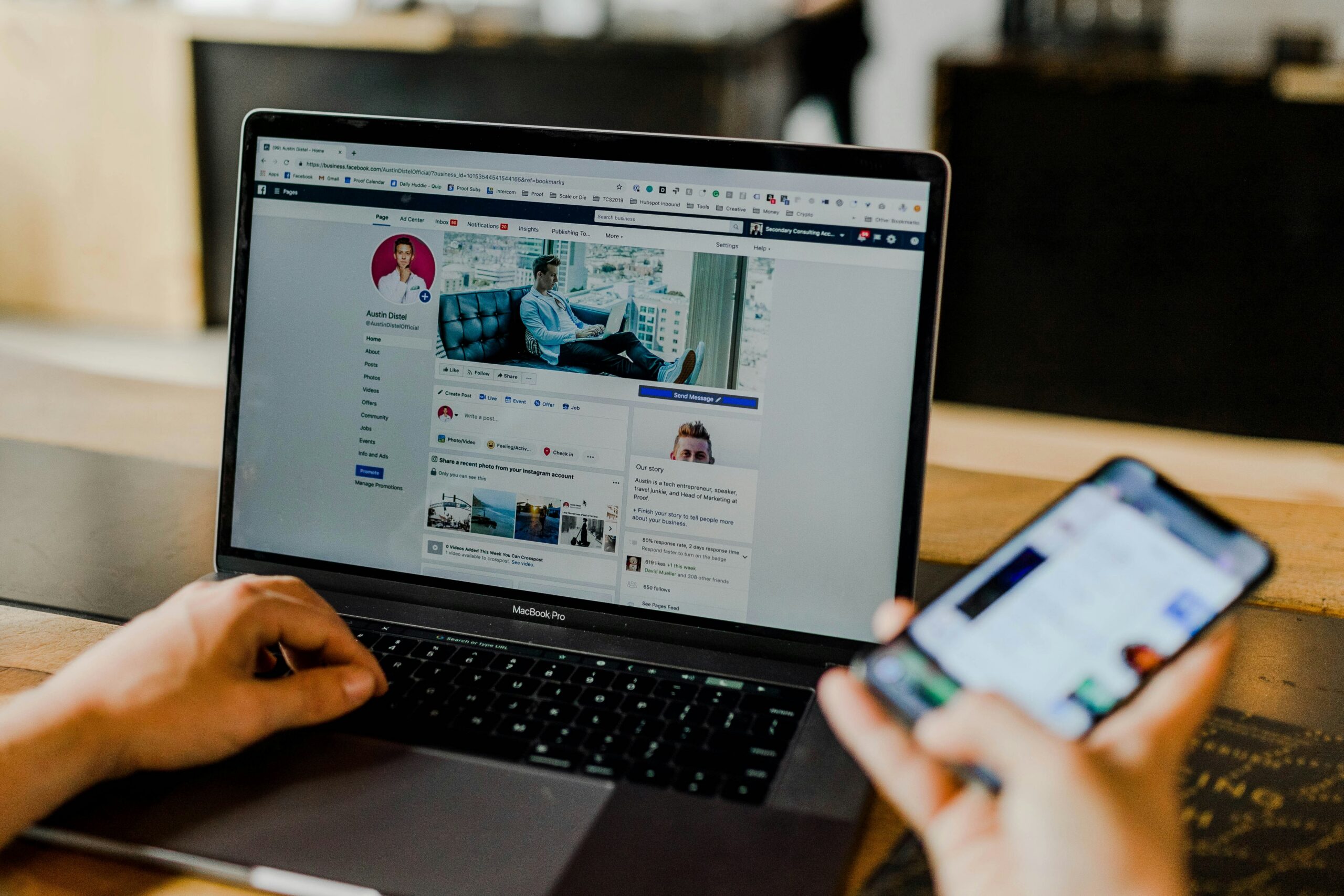 Business Facebook page shown on a laptop and smartphone