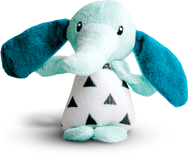 Plush elephant toy with teal ears and a patterned body, featured in a pet supply context for Divi Pet Shop.
