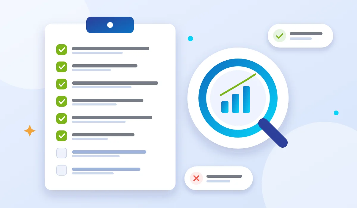 Checklist for comparing Google Ads companies with a magnifying glass over performance results