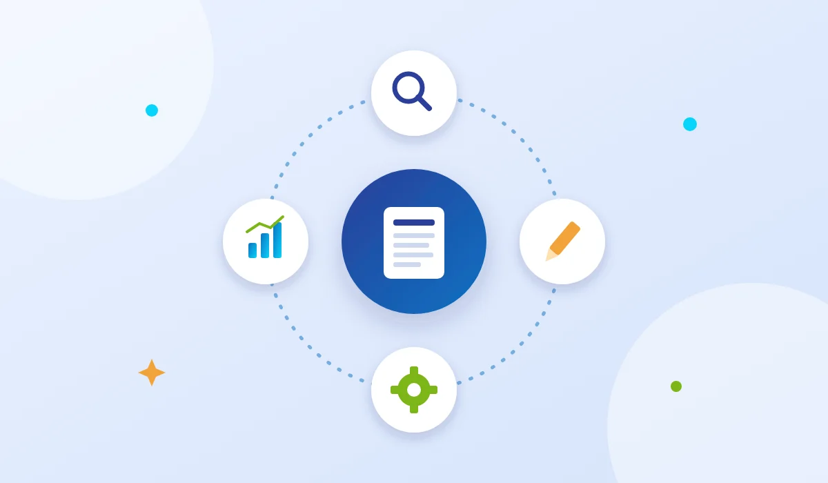 Content process cycle of research, writing, optimisation and review around a web page